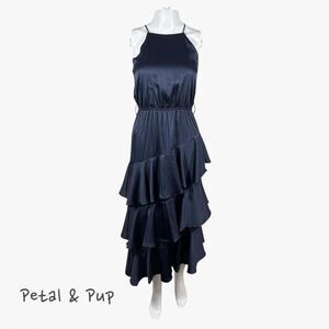 NWT Petal & Pup Tiered Midi Dress in Navy Size 10 Glam Flared Party